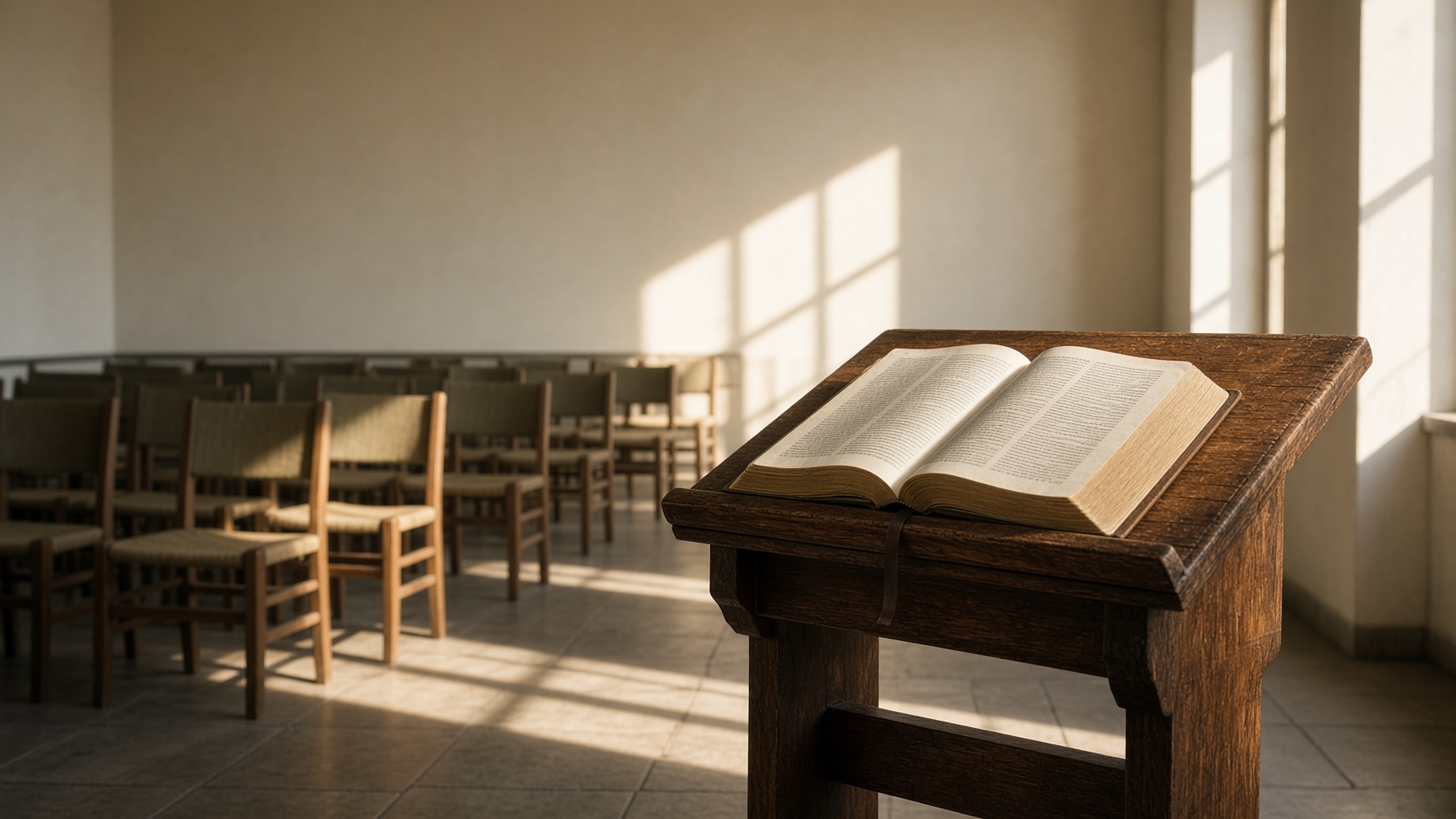 An open Bible on a wooden lectern in morning sanctuary light