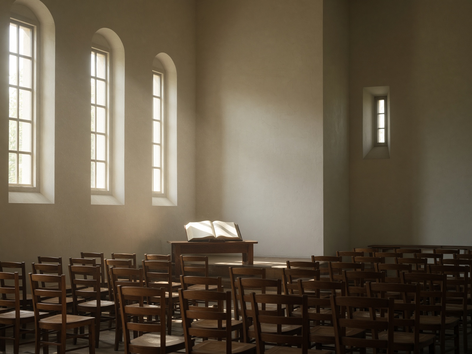 Morning light across a sanctuary with an open Bible at the front